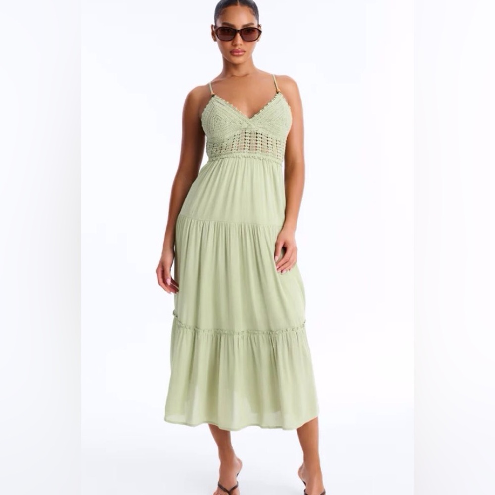 Fashion Nova Bianca Crotchet Light Sage Tiered Midi Dress Small - Picture 3 of 3